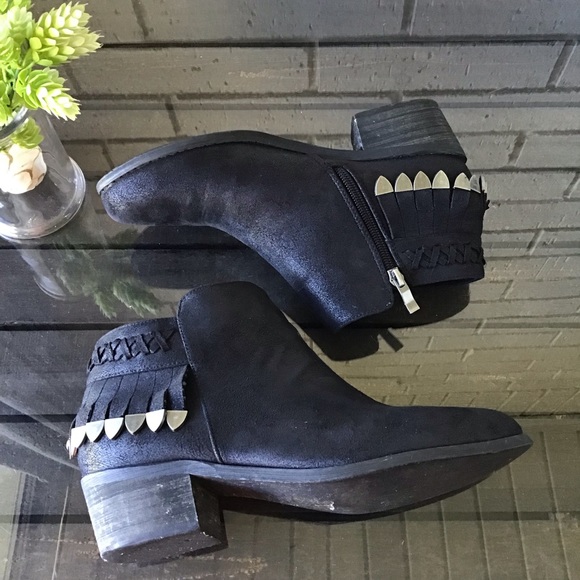 Okeysi Black Suede Metal Fringe Ankle Booties - Picture 9 of 12